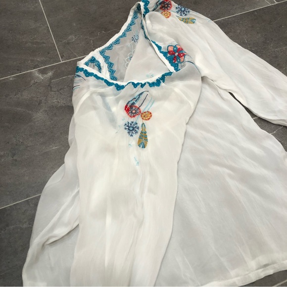 Johnny Was white sheer embroidered blouse button dream catcher dandelion feather - Picture 4 of 10